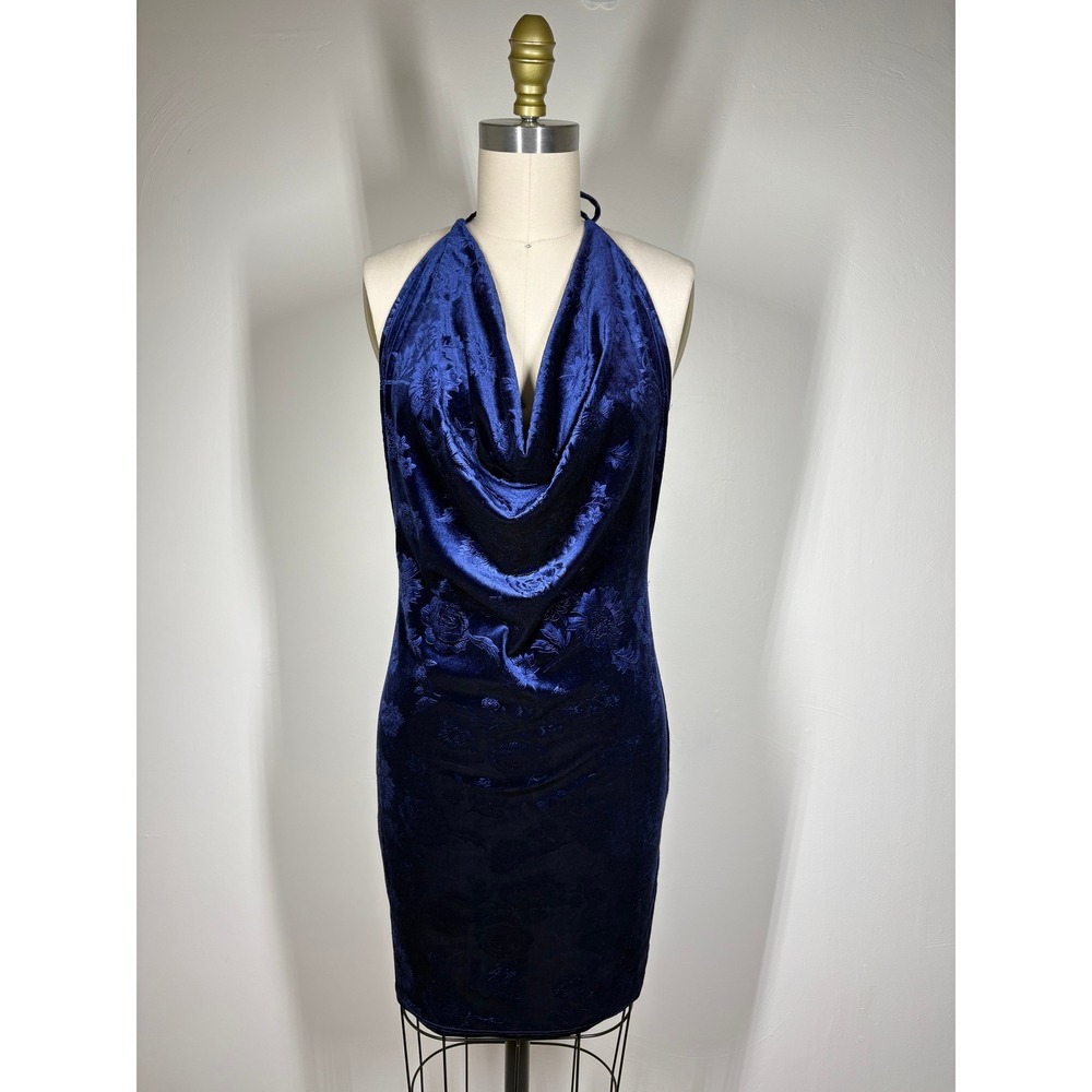 Vintage Y2K Charlotte Russe Mini Dress Medium Blue Velvet Halter Cowl Neck USA